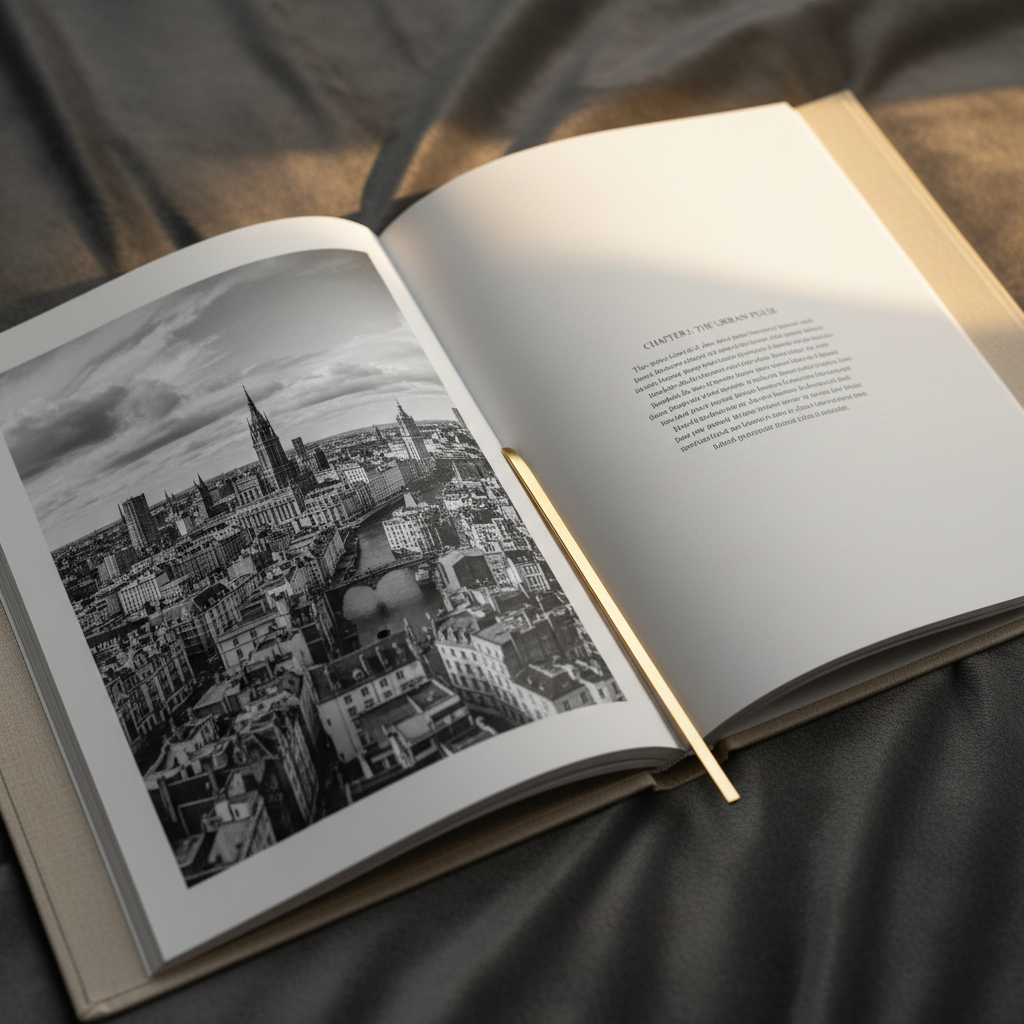An open, linen-bound photo book lying on a charcoal velvet surface, its thick, matte pages displaying a full-bleed black-and-white cityscape on one side and a minimalist block of small, elegant serif text on the other. A slender brass bookmark rests diagonally across the gutter, catching a sliver of light. Subtle golden-hour sunlight filters in from the top right, grazing the page edges and creating delicate gradients in the folds of the linen cover. Shot from a slightly elevated angle with a medium depth of field, the book is in crisp focus while the background subtly blurs. The mood is intimate and reflective, suggesting a personal blog entry accompanying a carefully curated image series, rendered in clean, sophisticated photographic realism.
